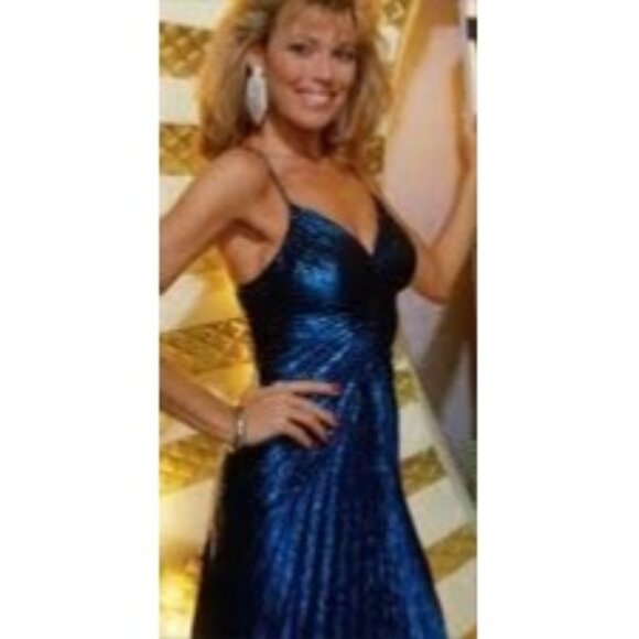 Vintage New Leaf semi sheer metallic dress By Samir Blue Pleated Gown XS - Picture 1 of 8